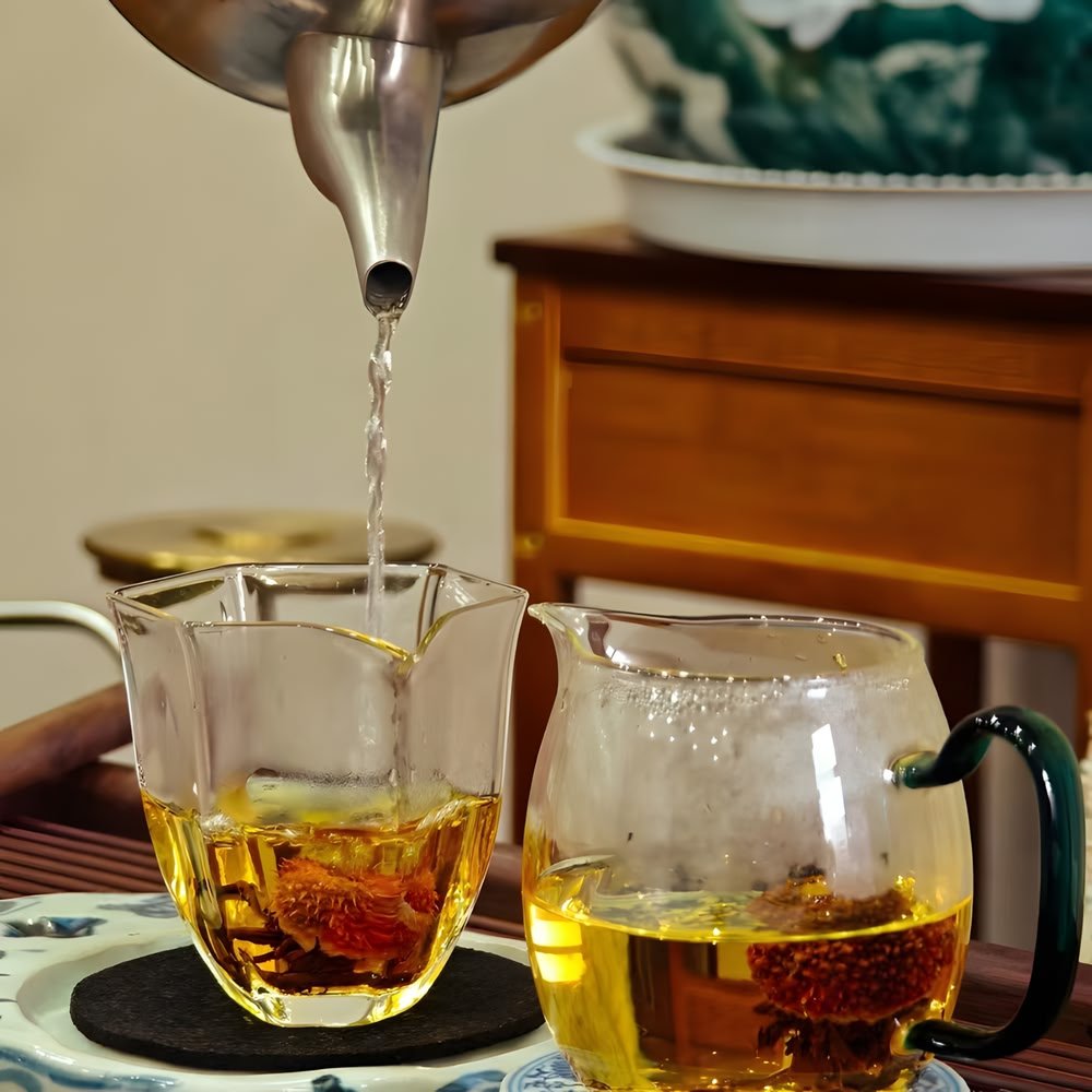 Action shot of hot water being poured into a glass pitcher containing a Chestnut Rose tea ball. The water instantly turns into a clear, golden amber color.