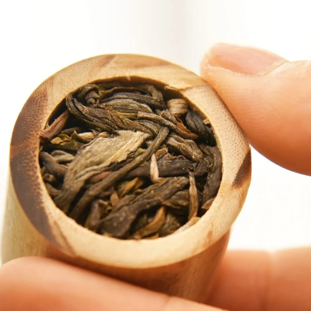 Close-up of premium Bamboo Dew tea leaves tightly packed inside a piece of rare Xiao Xiang Zhu (Small Fragrant Bamboo), showcasing the traditional slow-roasting method.