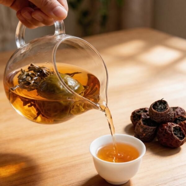 A sunlit aesthetic scene pouring golden tea liquor from a glass teapot. Inside steeps a whole dried tree tomato stuffed with premium tea leaves, resting on a warm wooden table.
