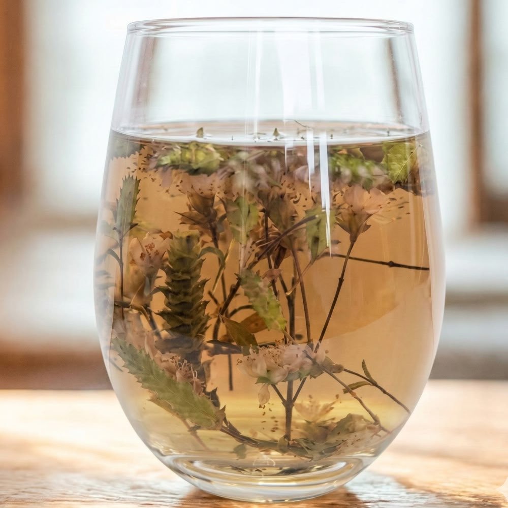 A clear glass tumbler resting on a wooden surface, filled with a light golden infusion and whole steeped Dongzisu sprigs, including stems and small flowers, backlit by refreshing natural light.
