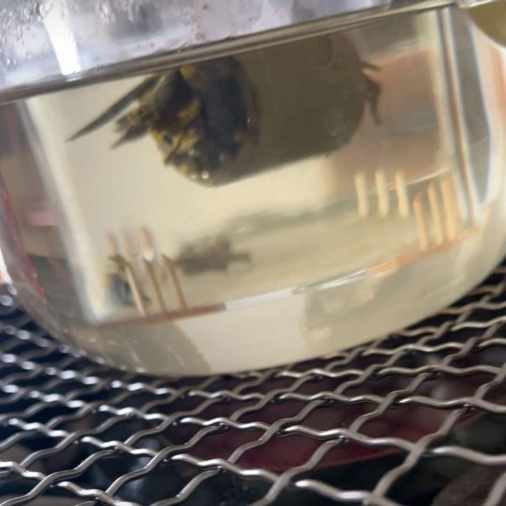 A user-submitted photo showing the Bamboo Dew tea being slowly boiled in a glass kettle over a wire warmer to extract deep flavors.